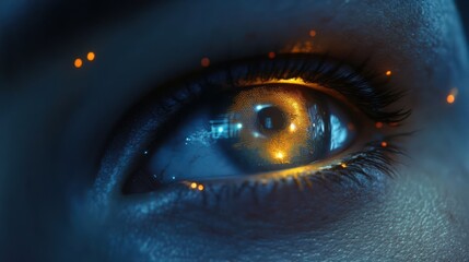 Close-up of a human eye with glowing digital elements, symbolizing human-technology integration. Dark blue background, bright orange highlights, sci-fi style, sharp high-resolution detail.