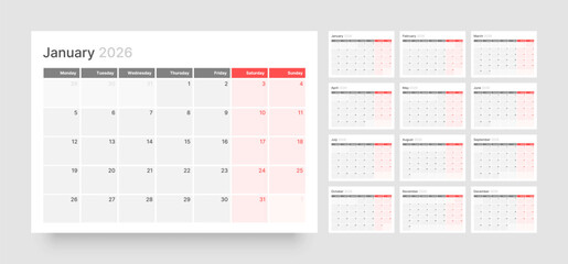 Monthly calendar layout for 2026 year. Diary planner for 2026 year. Week Starts on Monday. 