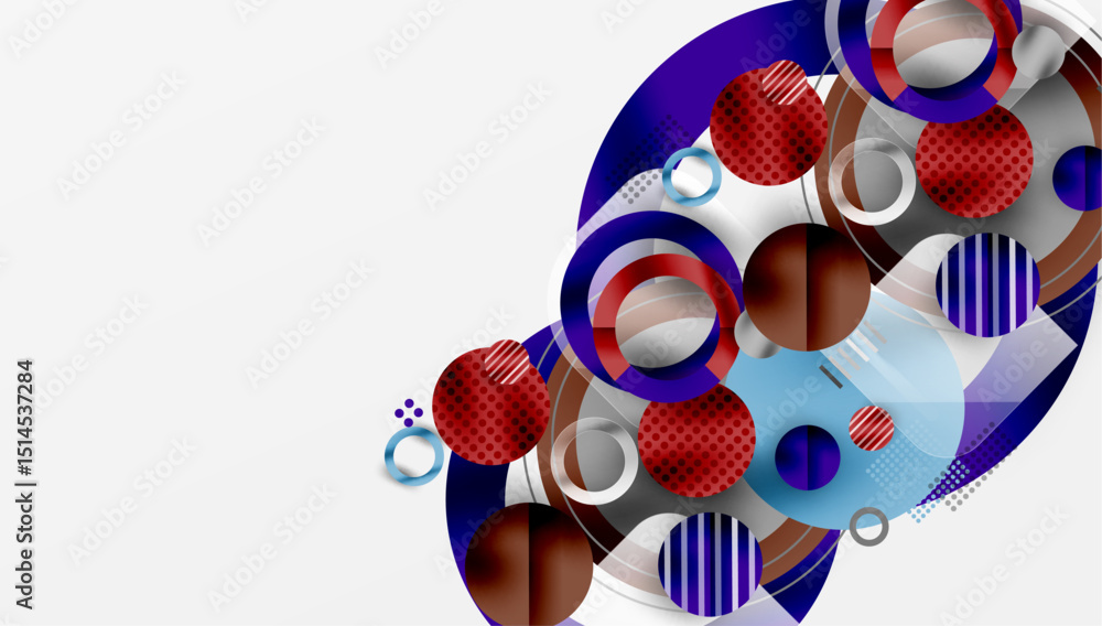 Poster abstract composition featuring overlapping circles, stripes, dots. colors include red, blue, silver,