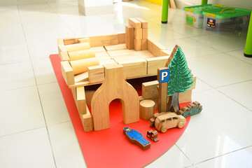 wood toys at pre school classroom. Kindergarten education smart games for children