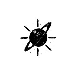 A captivating cosmic dance: Black and white Saturn illustration with celestial charm © rinie yuniartini