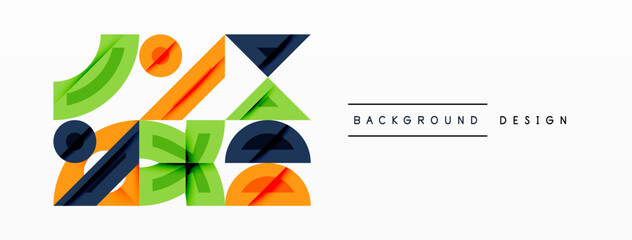 Abstract geometric shapes overlap, creating vibrant design. Orange, green, blue hues dominate composition. Minimalist style.