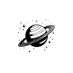 Elegant black and white illustration of a ringed planet in outer space