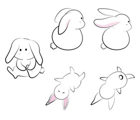 set of simple line drawing of a white rabbit with pink inner ears and a fluffy tail.