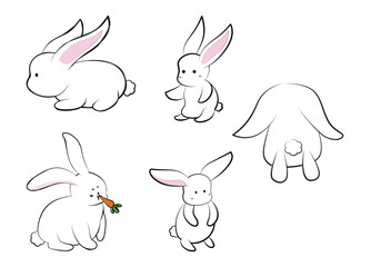 set of simple line drawing of a white rabbit with pink inner ears and a fluffy tail.