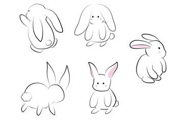 set of simple line drawing of a white rabbit with pink inner ears and a fluffy tail.