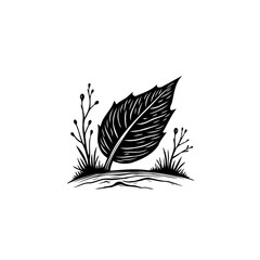 Obraz premium Minimalist Black and White Illustration of a Single Leaf on a Bed of Grass