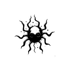 Whimsical black sun illustration with playful eyes and curious tentacles design