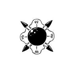 Abstract emblem design featuring a central sphere with crossed arrow illustrations