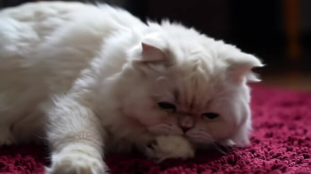 A beautiful fluffy white persian cat stretches and rolls playfully on a soft red carpet, showing its relaxed and happy mood indoors.