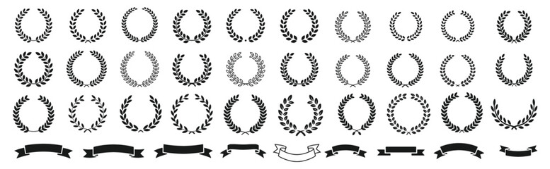 Hand writing Laurel wreath, shield, wing, ribbon, and banners vector set. Laurel wreaths, shields, wings, ribbons illustration for awards, heraldry, logos, badges, and branding designs vector