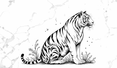 Naklejka premium Majestic tiger sitting in profile with detailed ink drawing