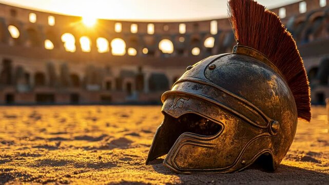Gladiator helmet rests in Colosseum sand at sunset