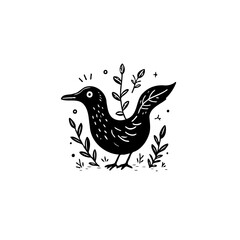 Fototapeta premium Whimsical black and white illustration of a bird surrounded by foliage, adorable animal