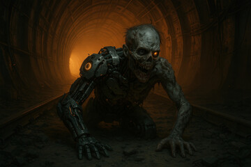 Humanoid in tunnel with glowing light.