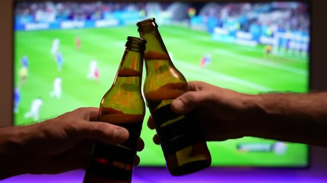 Close up of two hands holding beer bottles performing a celebratory toast in front of a television showing a sports game on screen.