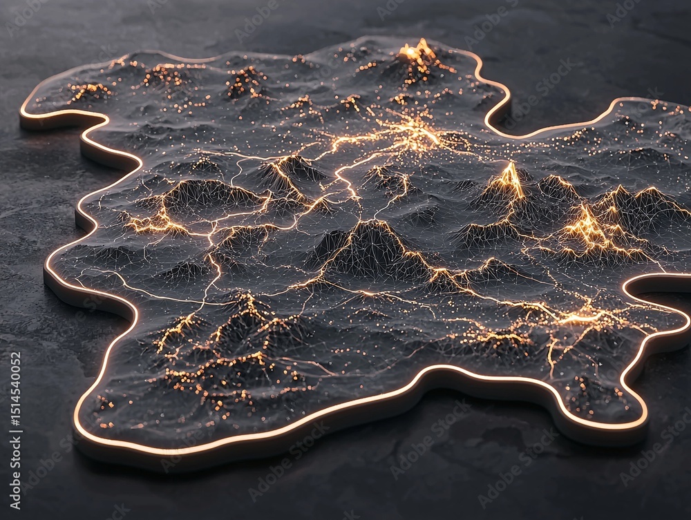 Poster abstract polygonal network map with glowing neon lines