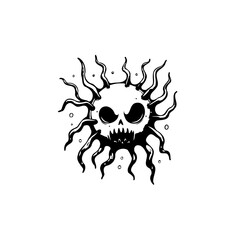 Grim Sun: A macabre black and white illustration of a skull sun with sinister rays