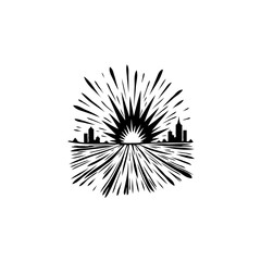 Obraz premium Graphic cityscape with sunburst and skyline illustration design with vector format