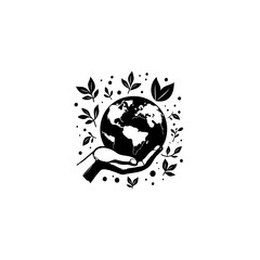 Monochrome Hand Holding Globe with Leaf Accents: Eco-Friendly and Sustainable Design