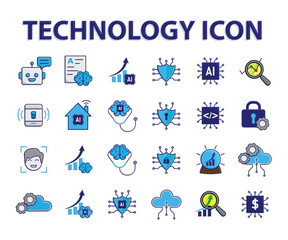 Technology icons set. Automatic, Security systems, Finance, etc. Depicts automation, future, artificial intelligence. Isometric design style