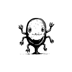 Whimsical creature illustration with big eyes and multiple limbs in black and white