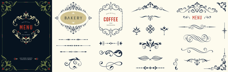 Ornate elements, frames, labels, scroll, floral motifs. For branding, graphic design, packaging, stickers, business and greeting cards, wedding invitations, menu, diplomas.