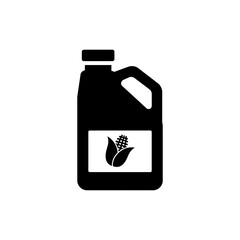 Transparent container of corn oil on white background