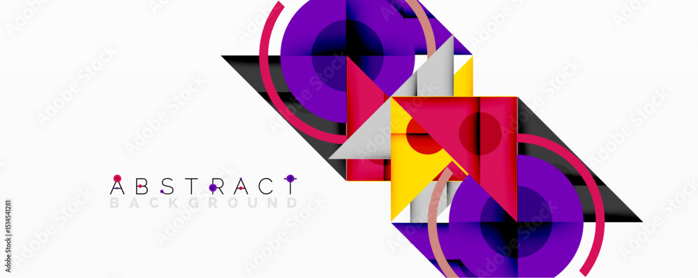 Poster vibrant geometric shapes overlap, creating dynamic abstract composition. purple, red, yellow hues do
