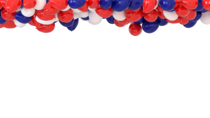 plein de ballons bleus, blancs et rouges collés au plafond pour faire la fête - rendu 3D sur fond transparent