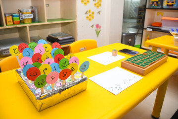 wood toys at pre school classroom. Kindergarten education smart games for children