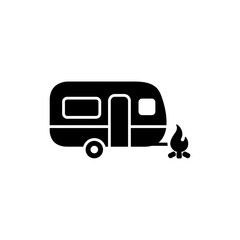 Caravan icon with campfire beside on camping outdoor background