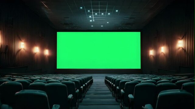 Empty movie theater with green screen display
