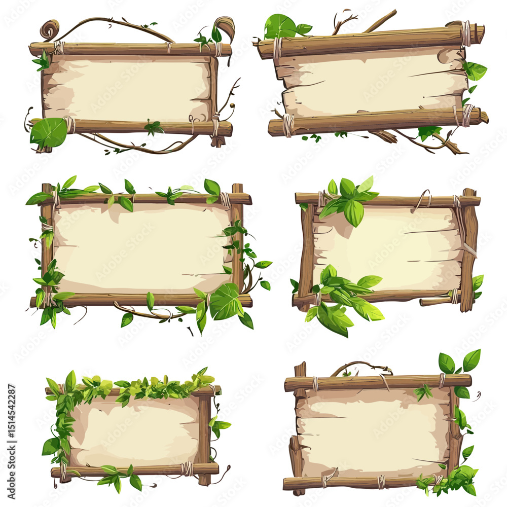 Poster set of six wooden signboards with vines leaves and branches blank natural rustic frames for game int