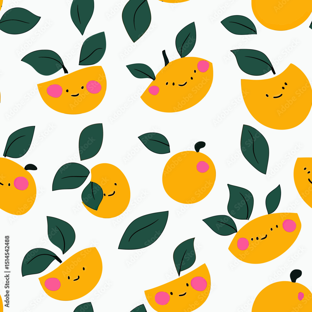 Poster seamless pattern of smiling yellow citrus fruits and green leaves in flat minimalist vector style wi