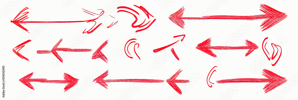 Poster set of red hand drawn sketch arrows in multiple directions with pencil doodle style minimalist vecto