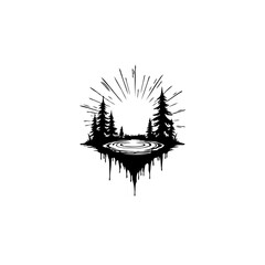 Monochrome Illustration of a Forest Landscape with Sunburst and a Still Lake