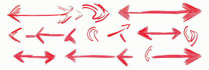 Set of red hand drawn sketch arrows in multiple directions with pencil doodle style minimalist vector design elements for navigation and pointing concepts