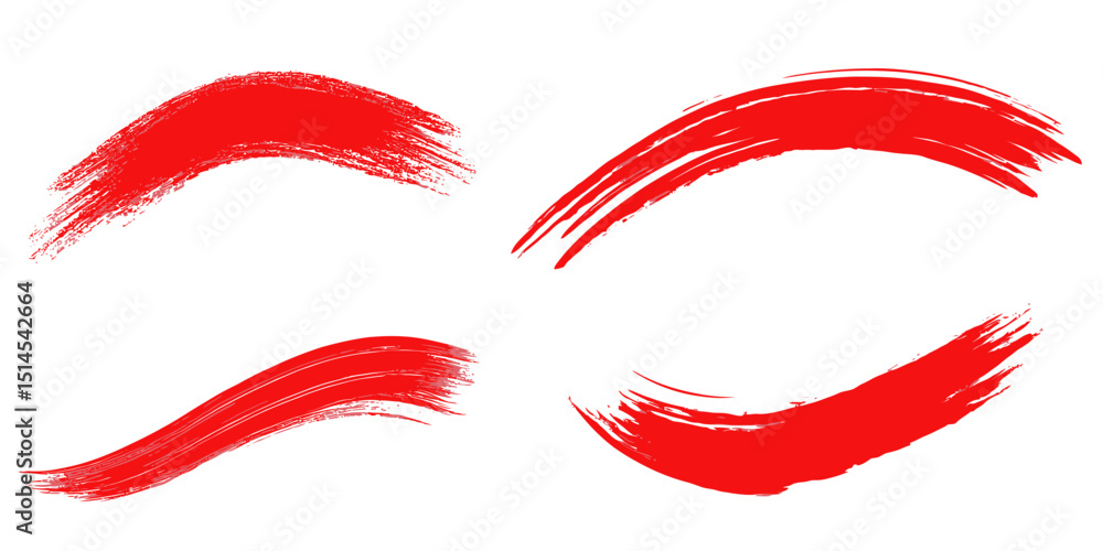 Poster red brush stroke set with textured paint streaks and smooth curved markers for artistic underline an