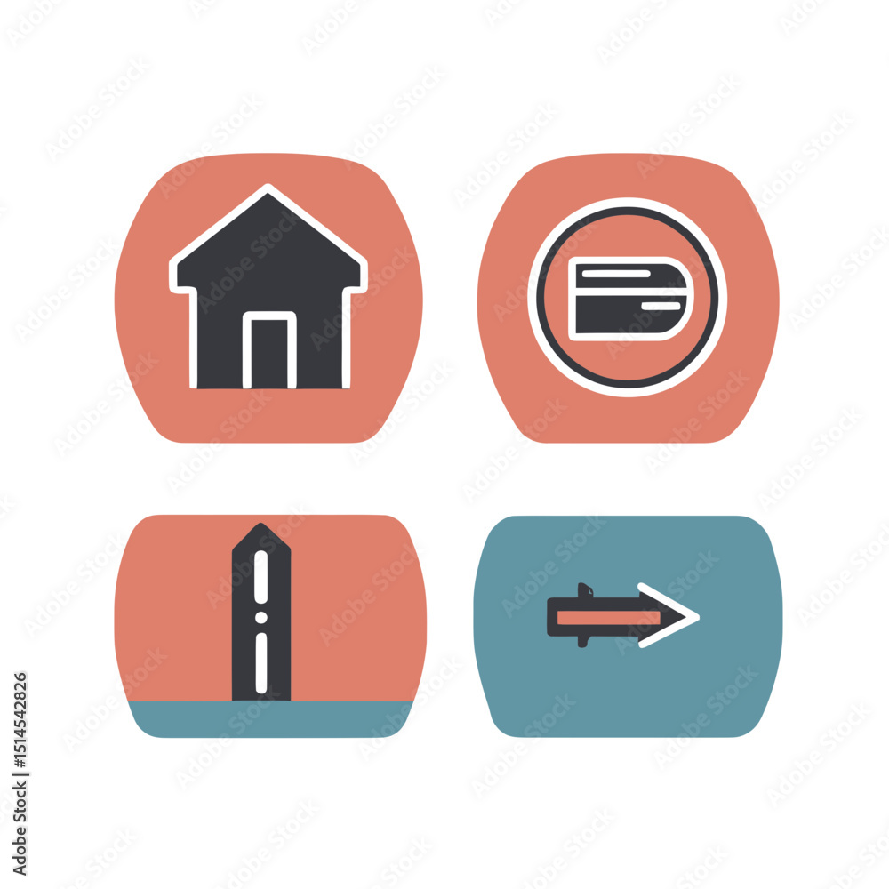 Poster minimalist flat vector home icon credit card icon lighthouse symbol and right arrow navigation butto