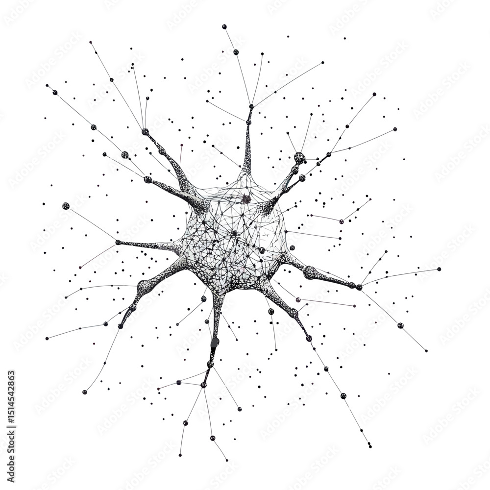 Aufkleber detailed black and white vector illustration of neuron cell with dendrites and synapses in low poly 