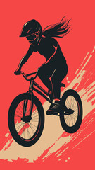 Fototapeta premium Silhouette of BMX girl rider performing jump stunt on bicycle in dynamic minimalist flat vector style with flowing hair and helmet on red background