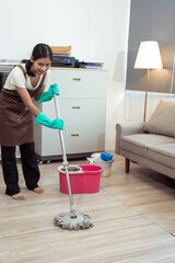 Young housekeeper wearing gloves and cleaning the table with a rag and cleaning spray. Professional home and office cleaning products. Provides hygiene services, free from germs.
