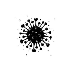 Stylized Black and White Illustration of a Coronavirus Particle with Starry Accents