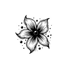 Elegant Black and White Flower Illustration with Detailed Petals and Decorative Dots