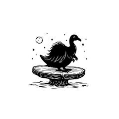 Whimsical Duck Illustration: A Monochrome Drawing of an Enigmatic Bird on a Platform