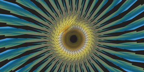 Vivid abstract spiral formed by colorful linear patterns radiating from a central point, symbolizing motion, energy, and creativity. 