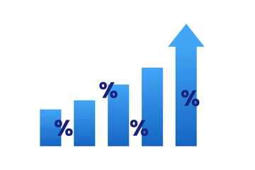 Bar chart with percentage symbol and up arrow. Concept of interest growth, business success and financial improvement.