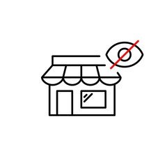 Vector icon of store with crossed-out eye, symbolizing hidden storefront, private shopping, or restricted access. Ideal for retail apps, e-commerce platforms, and privacy settings