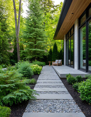 Fototapeta premium A modern home with a landscaped walkway and garden. The architecture blends with the natural environment, creating a sense of tranquility.